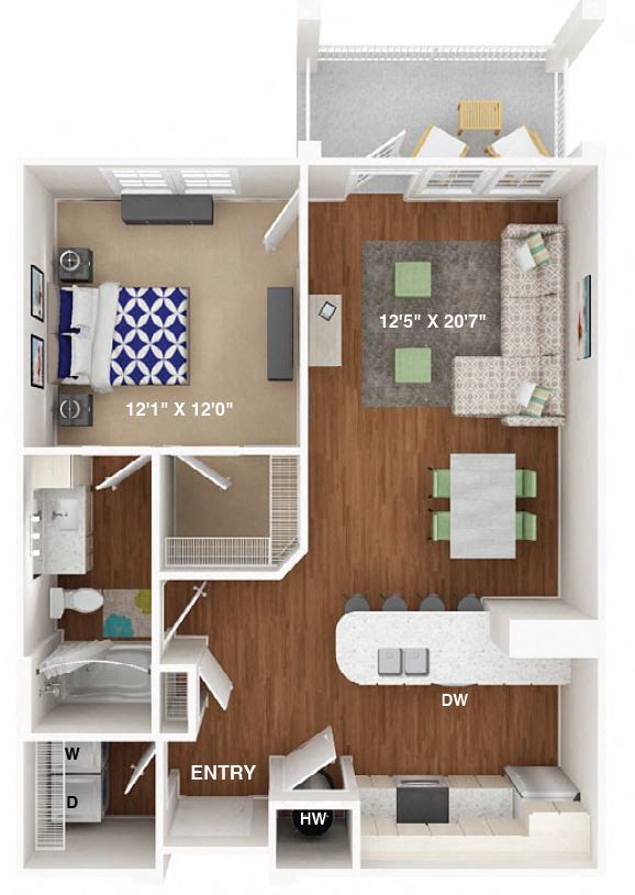 Floor plan for 1 bed, 1 bath, 777 sqft